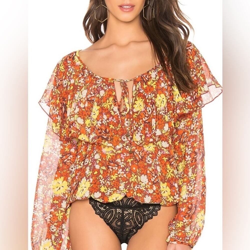 Free People‎ "Say It To Me" Red Orange Yellow Floral Chiffon Bodysuit-Small